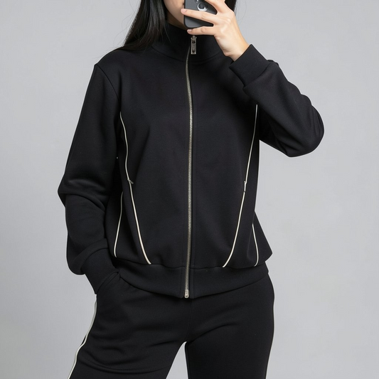 Person wearing a black tracksuit with white zippers on a gray background