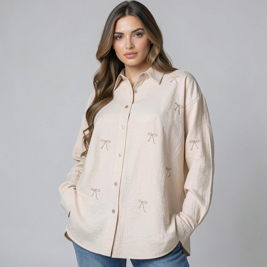 Beige Oversized Shirt with Embroidered Bows