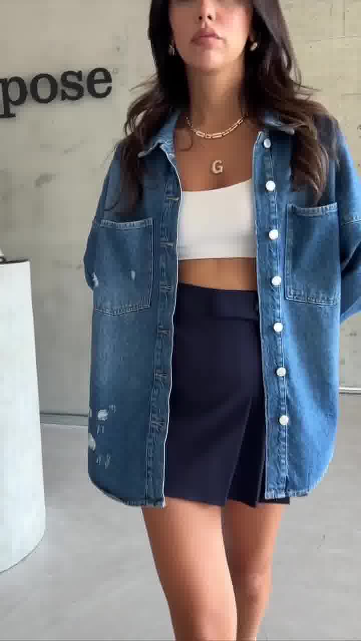 Oversized Distressed Denim Shirt – Women’s Casual Layer