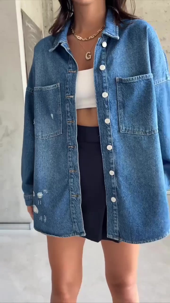 Oversized Distressed Denim Shirt – Women’s Casual Layer