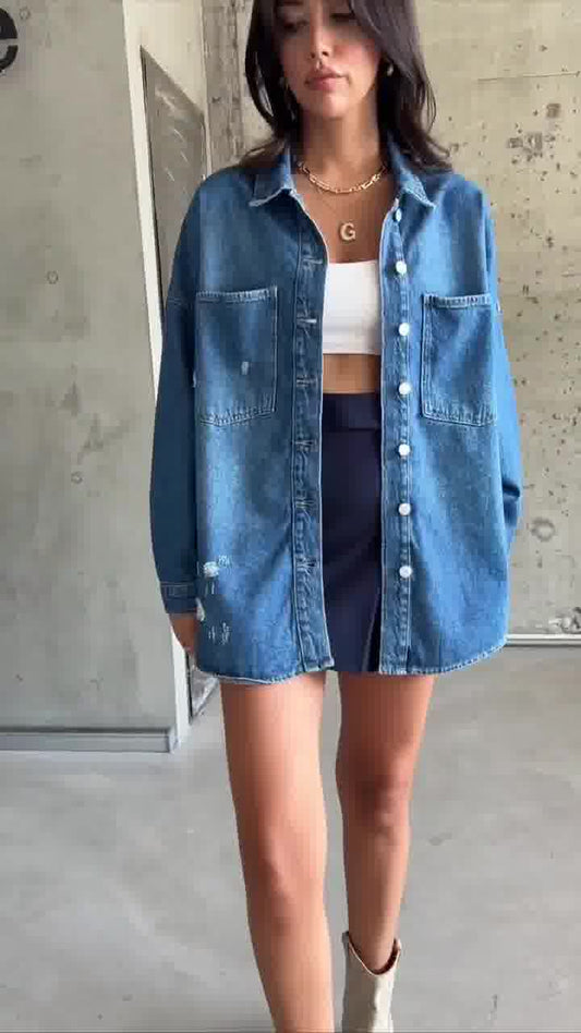 Oversized Distressed Denim Shirt – Women’s Casual Layer