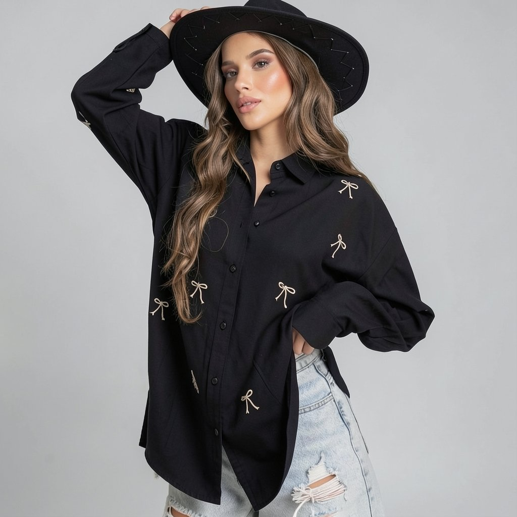 Beige Oversized Shirt with Embroidered Bows