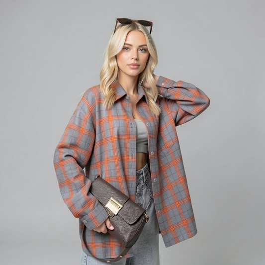 Oversized Plaid Shirt – Grey & Orange Check