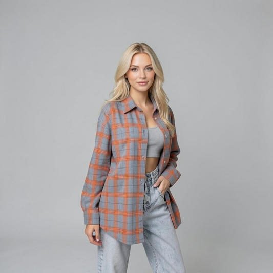 Oversized Plaid Shirt – Grey & Orange Check
